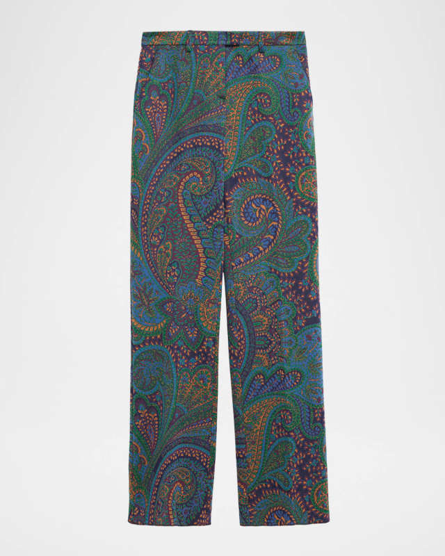 Paisley Green Knit Jacquard Straight-Leg Pants